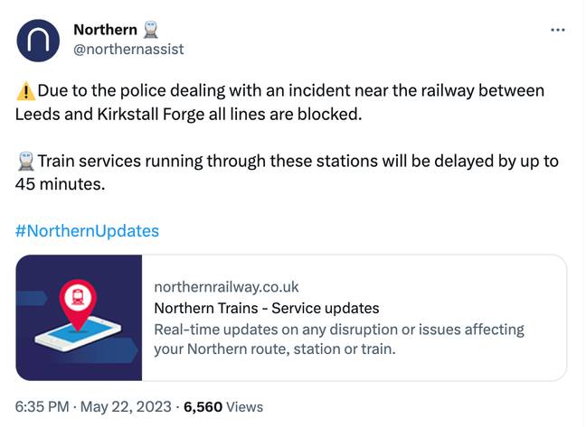 Northern Rail在Twitter上发布了公告。信用：Twitter