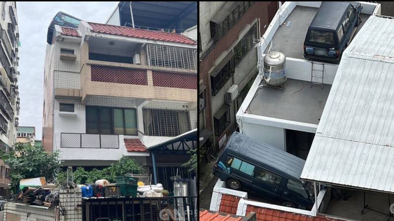 男子公园面包车在公寓楼的屋顶上，以避免罚款