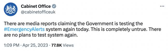 政府后来确认不会发生第二次警报。信用：Twitter