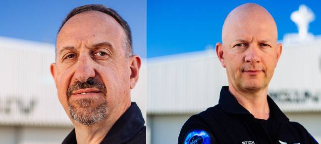 任务指挥官Michael'Sooch'Masucci（左）和飞行员Nicola Pecile（右）将在第一次商业太空飞行中负责VSS Unity。信用：维珍银河