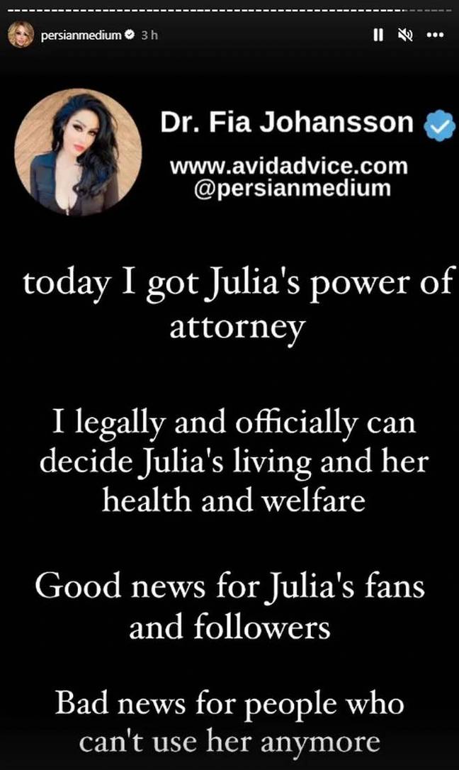 费亚·约翰逊（Fia Johansson）博士说，她已经获得了朱莉娅（Julia）的授权书。学分： @Persianmedium/Instagram