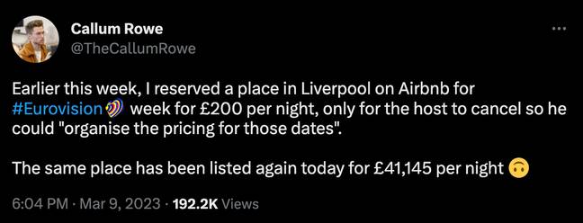 据称，Airbnb住宿的价格从每晚200英镑上涨至41,145英镑。信用：Twitter/@thecallumrowe