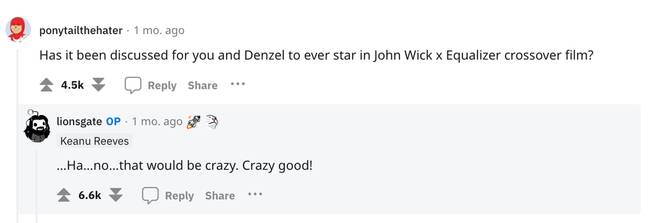 Reeves responded to a fans' wild idea for a crossover film involving Denzel Washington. Credit: Reddit