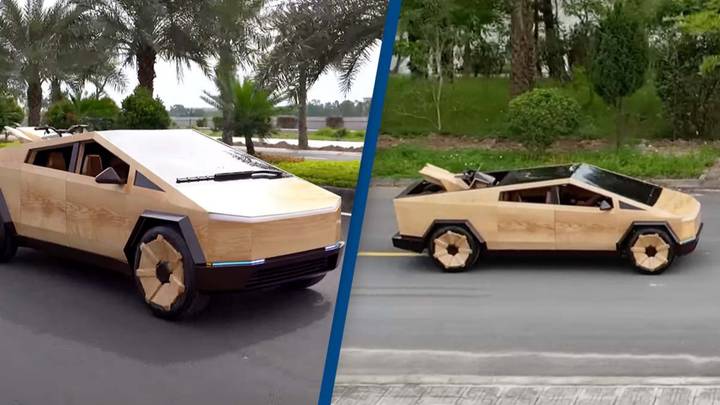 Man builds 'Tesla Cybertruck' using wood, takes a ride in the car