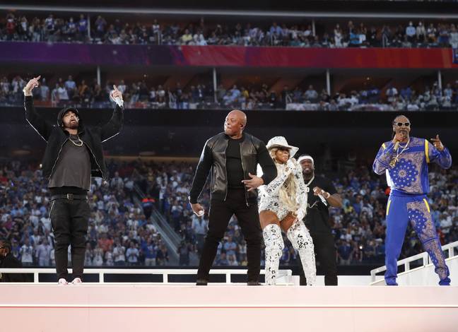 The trio performing together at the Super Bowl halftime show.  Credit: UPI / Alamy