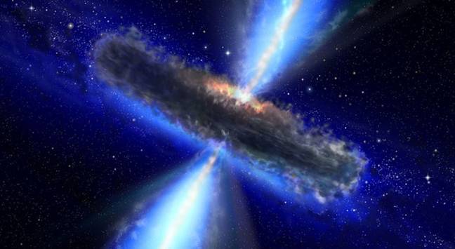 Conceptul acestui artist arată un quasar sau o gaură neagră care se hrănește, similar cu APM 08279+5255Credit: NASA/ESA