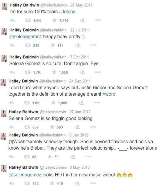 Hailey was clearly a fan of Selena and Justin back in the day. Credit: Twitter