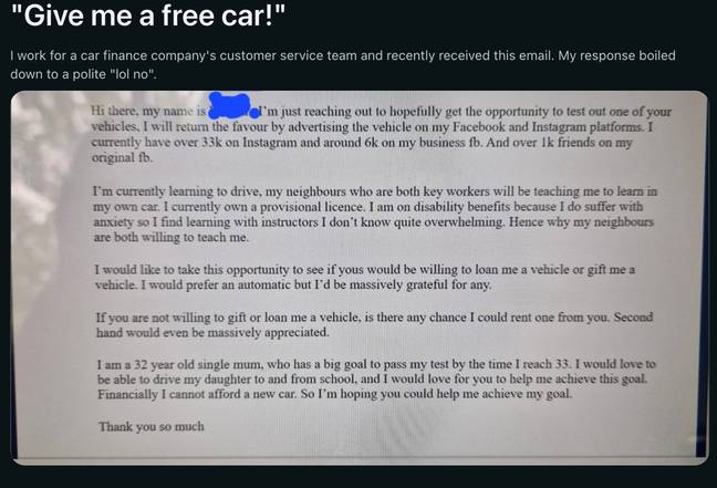 一个有影响力的人试图获得免费汽车的运气。学分：reddit/jadestarfall