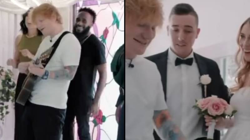 埃德·希兰（Ed Sheeran）崩溃了婚礼，并表演赛道，使新娘和新郎无语