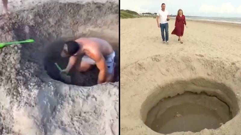 在海滩上被两个小伙子挖出的孔被误认为是新闻中的“流星火山口”必威杯足球