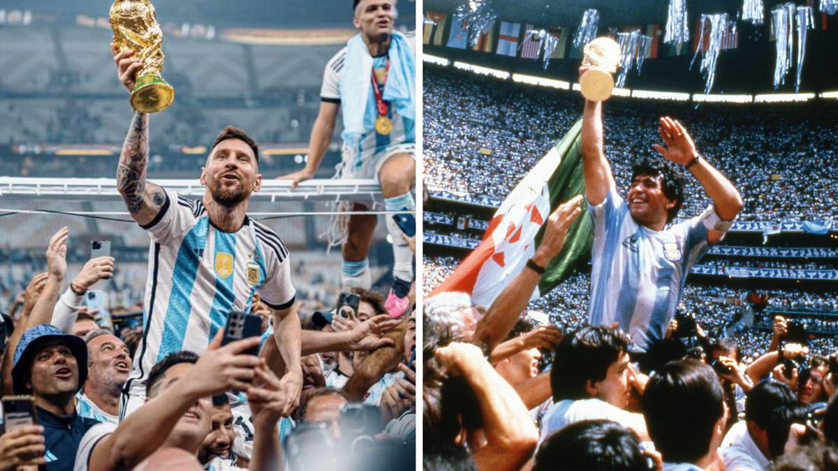 Lionel Messi reproduit la photo emblématique de Diego Maradona après avoir remporté la Coupe du monde, les deux GOAT du football