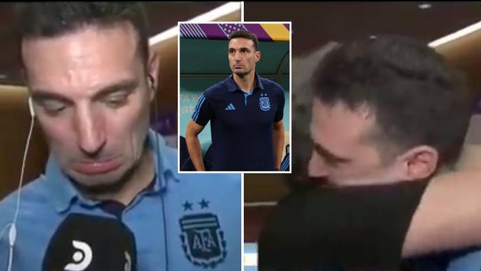 Le patron argentin Lionel Scaloni a du mal à retenir ses larmes en regardant une vidéo de soutien avant la finale de la Coupe du monde