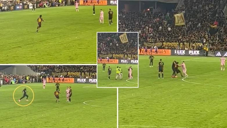 Lionel Messi's bodyguard sprints onto the pitch and puts pitch invader in  headlock