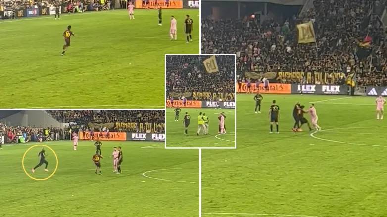 Messi bị fan cuồng tấn công, vệ sĩ lập tức xuất hiện giải nguy 1 Lionel Messi's bodyguard sprints onto the pitch and puts pitch invader in headlock