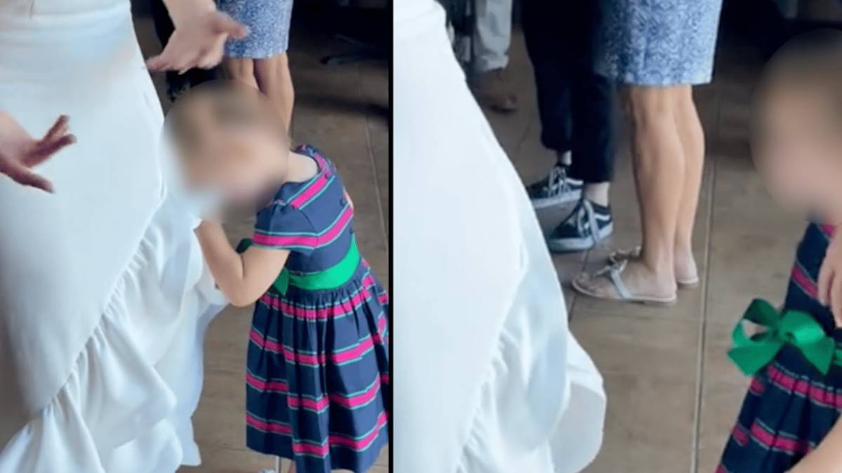 Of us name for baby-free weddings after toddler is viewed wiping their face on bride’s costume thumbnail