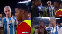 Enzo Fernandez surrounded by THREE Panama players as they hilariously fought over his shirt