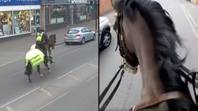 瞬间警察在马匹上追逐驾驶员