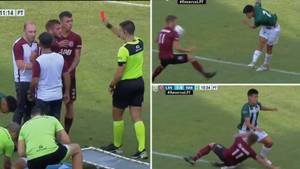Argentine Player Gets Sent Off For Having Ball Pelted In Face And Breaking Opponent's Leg As He Fell
