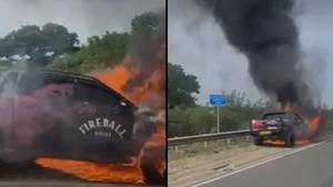 火球威士忌卡车讽刺地火焰上升，在高速公路上变成火球
