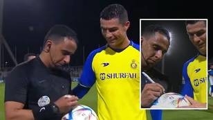 Cristiano Ronaldo scores penalty and then asks referee to sign hat-trick ball