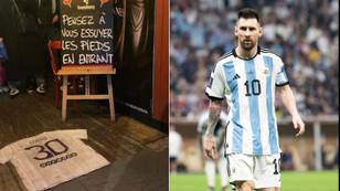 Lionel Messi PSG shirt used as a doormat at a French pub