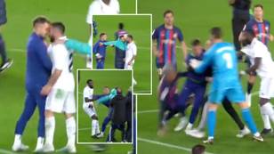 Barcelona B keeper tries to fight Dani Carvajal after they beat Real Madrid, he's restrained