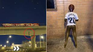 A dummy wearing a Vinicius Jr Real Madrid shirt hung from a bridge ahead of Madrid derby