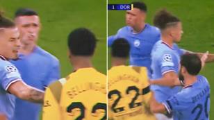 Phil Foden and Jude Bellingham square up and push each other in ugly altercation at the Etihad