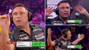 Gerwyn Price wears headphones on stage at the PDC World Darts Championship before losing quarter-final
