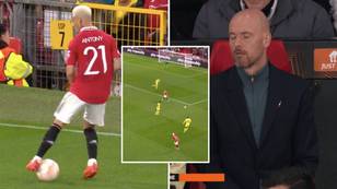 Erik ten Hag's priceless reaction to Antony performing trademark spin and putting ball out of play