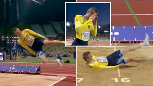 Viewers in stitches after athlete dives head-first into sand during triple jump