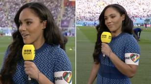 Alex Scott wears the 'One Love' armband during BBC coverage ahead of England World Cup opener