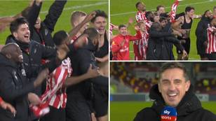 Fans notice Gary Neville singing with Brentford fans live on Sky Sports after Liverpool loss