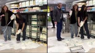 Vegan activists slammed for pouring milk on supermarket floors to send a message