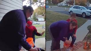 Doorbell footage captures woman taking all sweets and then blames it on son when caught