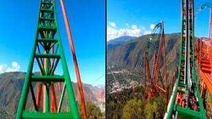 Rollercoaster rides over top of mountain with 110ft drop in terrifying footage