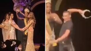 Shock as angry man storms beauty pageant stage and slams crown on ground