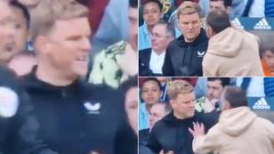 Fan confronts Newcastle manager Eddie Howe during Leeds clash
