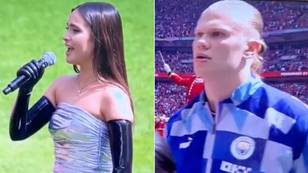 Erling Haaland spotted singing the national anthem in bizarre FA Cup final moment