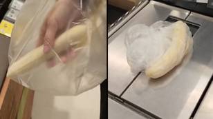Man unwraps his bananas before weighing them to save money