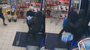 Exact moment heroic shopkeeper stops thieves trying to steal case of beers from store