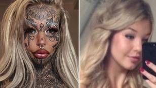 Woman dubbed one of the world’s ‘most tattooed women’ after spending £144K on them shares rare before photos