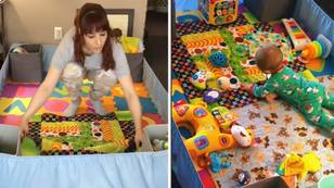 Mum Creates Incredible Baby Playpen Using Nothing But A Fitted Bed Sheet