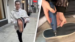 Couple leave people baffled after cutting out soles of their shoes so they can walk barefoot
