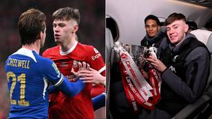 Liverpool youngster Conor Bradley mocks Ben Chilwell after Carabao Cup final win