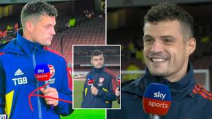 Fans have theory over 'TGB' detail on Granit Xhaka's tracksuit top in post-match interview