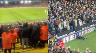 Leeds fans banter Plymouth supporter the entire game for wearing chinos