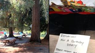 Parents reserve park benches for kid’s birthday party with rude note