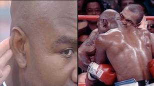 Evander Holyfield let camera go close up to his ear to show what was missing after Mike Tyson bite