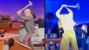 Will Ferrell and Harry Styles smash James Corden's desk with sledge hammers on final Late Late Show
